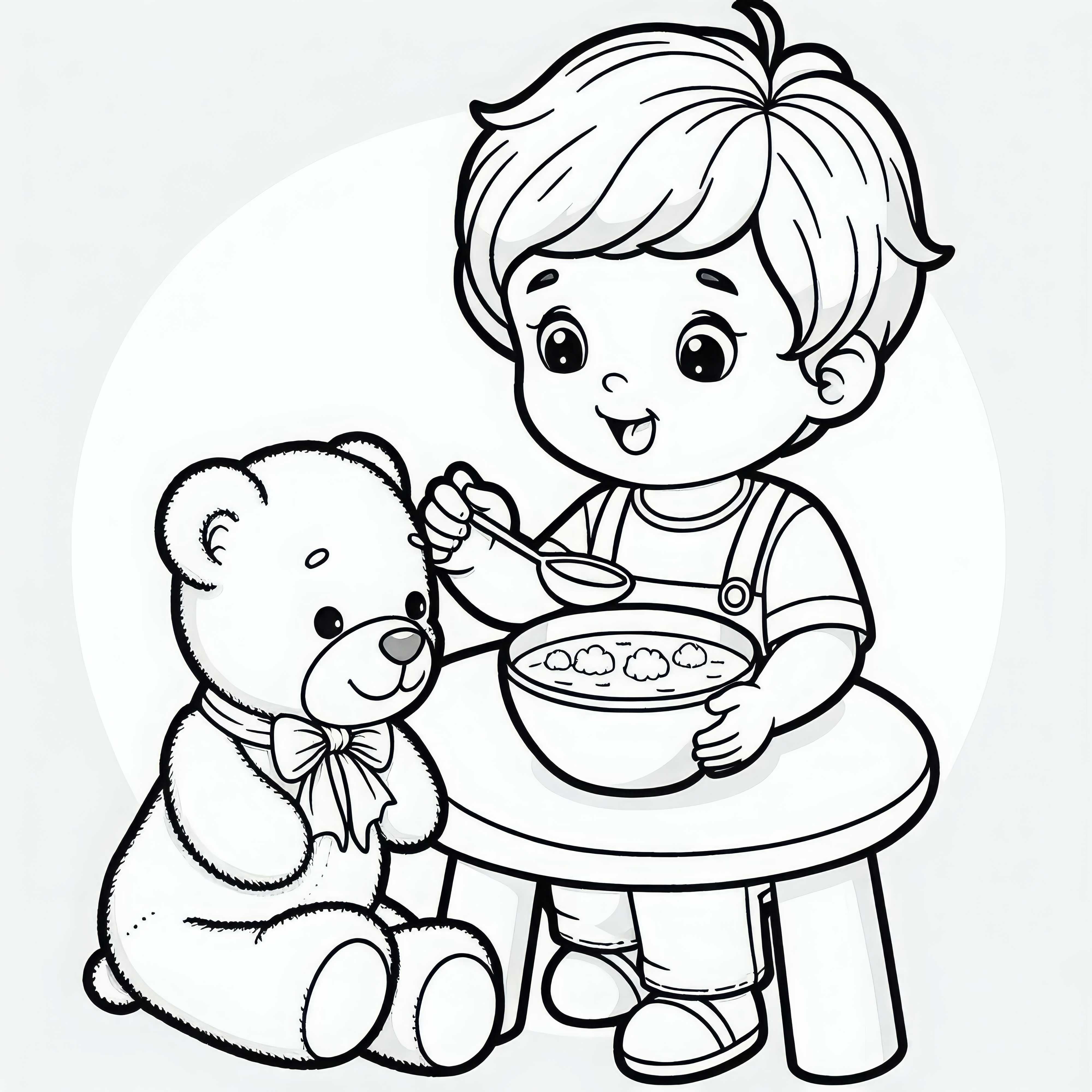 Criança alimenta brinquedo de pelúcia com prato imaginário - Modelo para colorir gratuito