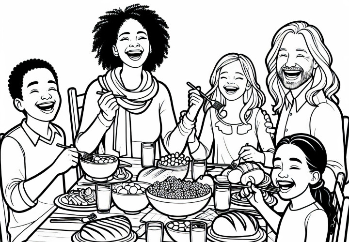 Família come junta à mesa – Desenho para colorir gratuito