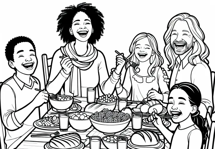 Família come junta à mesa – Desenho para colorir gratuito