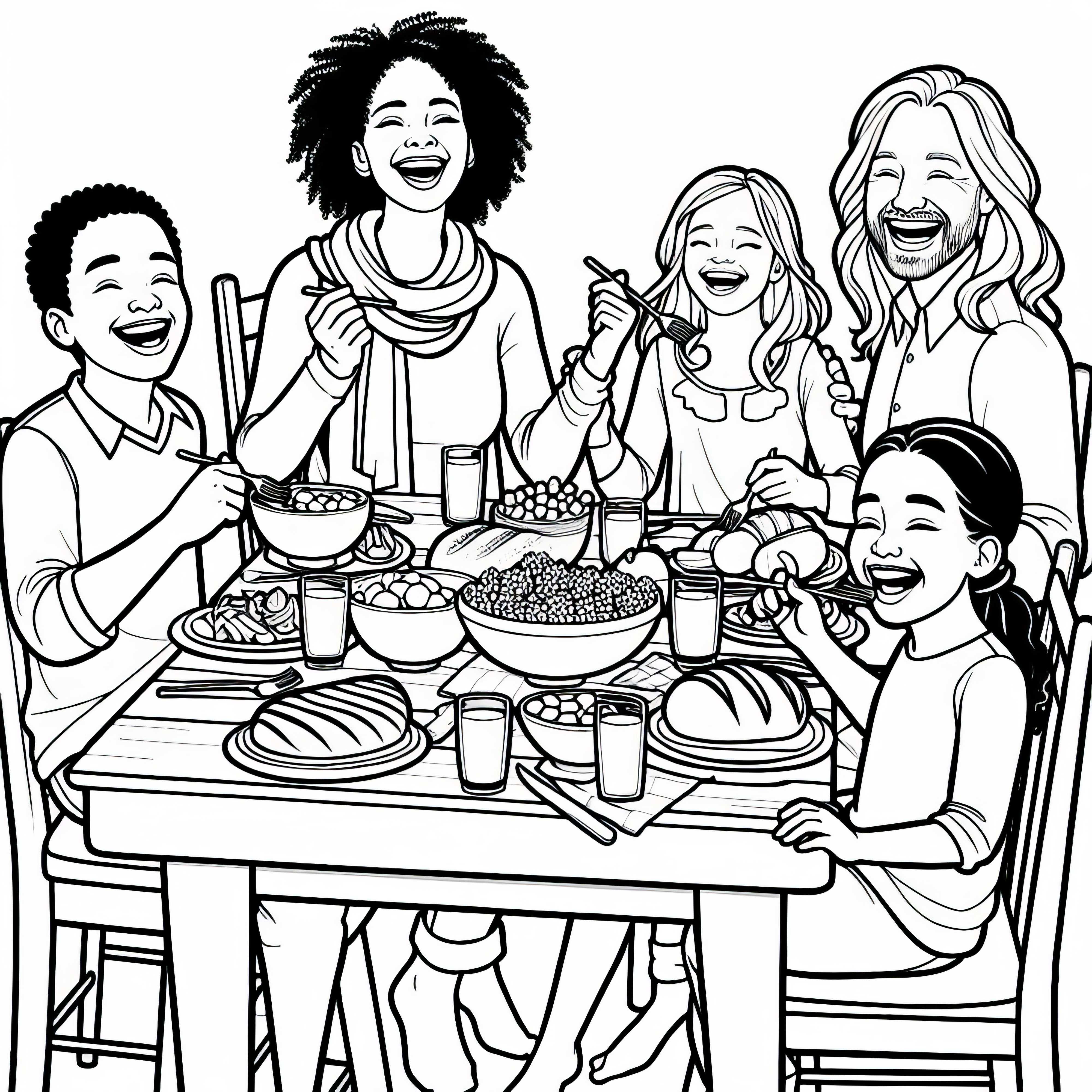 Família se reúne para comer à mesa - Modelo de colorir grátis Família come junta à mesa – Desenho para colorir grátis