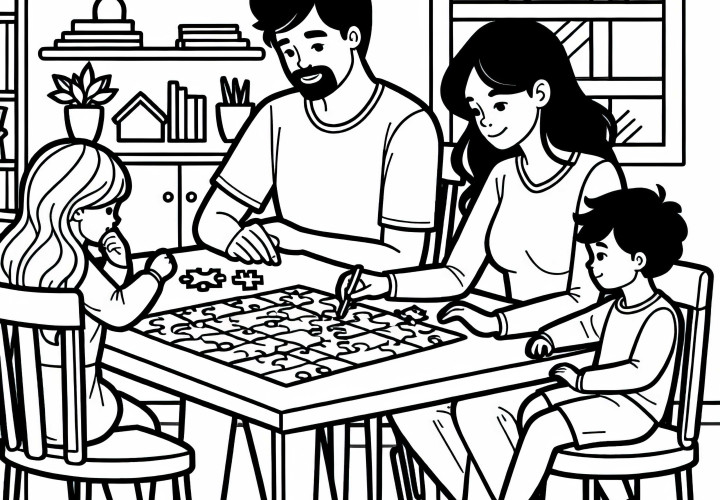 Ebeveynler ve çocuklar oturma odası masasında birlikte bir bulmaca yapıyorlar - Ücretsiz boyama sayfası