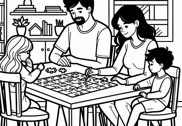 Szülők és gyerekek közösen kirakós játékoznak a nappali asztalnál – ingyenes színező minta