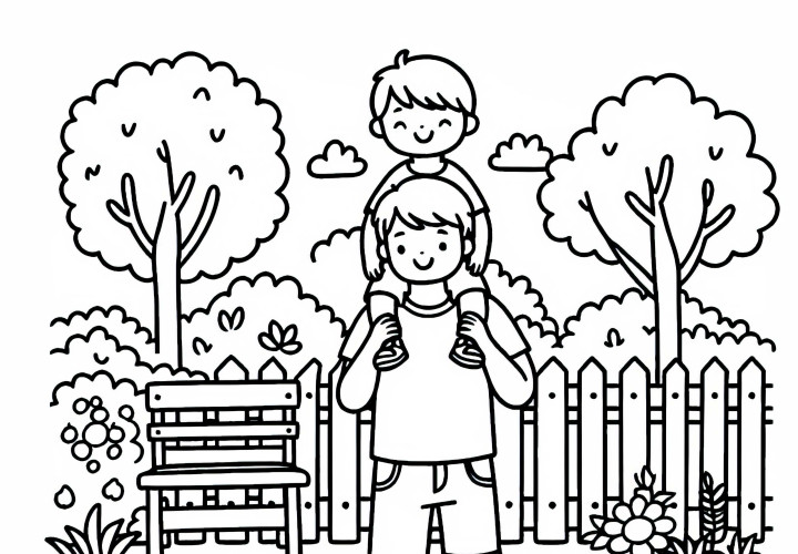 Çocuk, babasının omuzlarında bahçede taşınıyor - Ücretsiz boyama şablonu