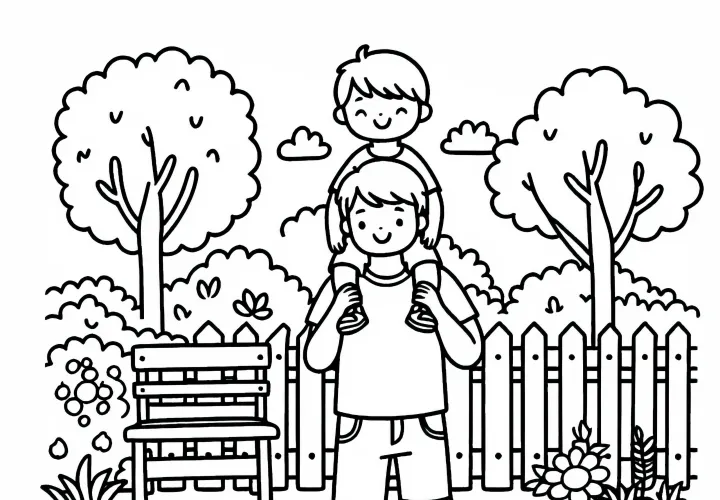 A gyereket apa vállán viszik a kertben – ingyenes színezőlap