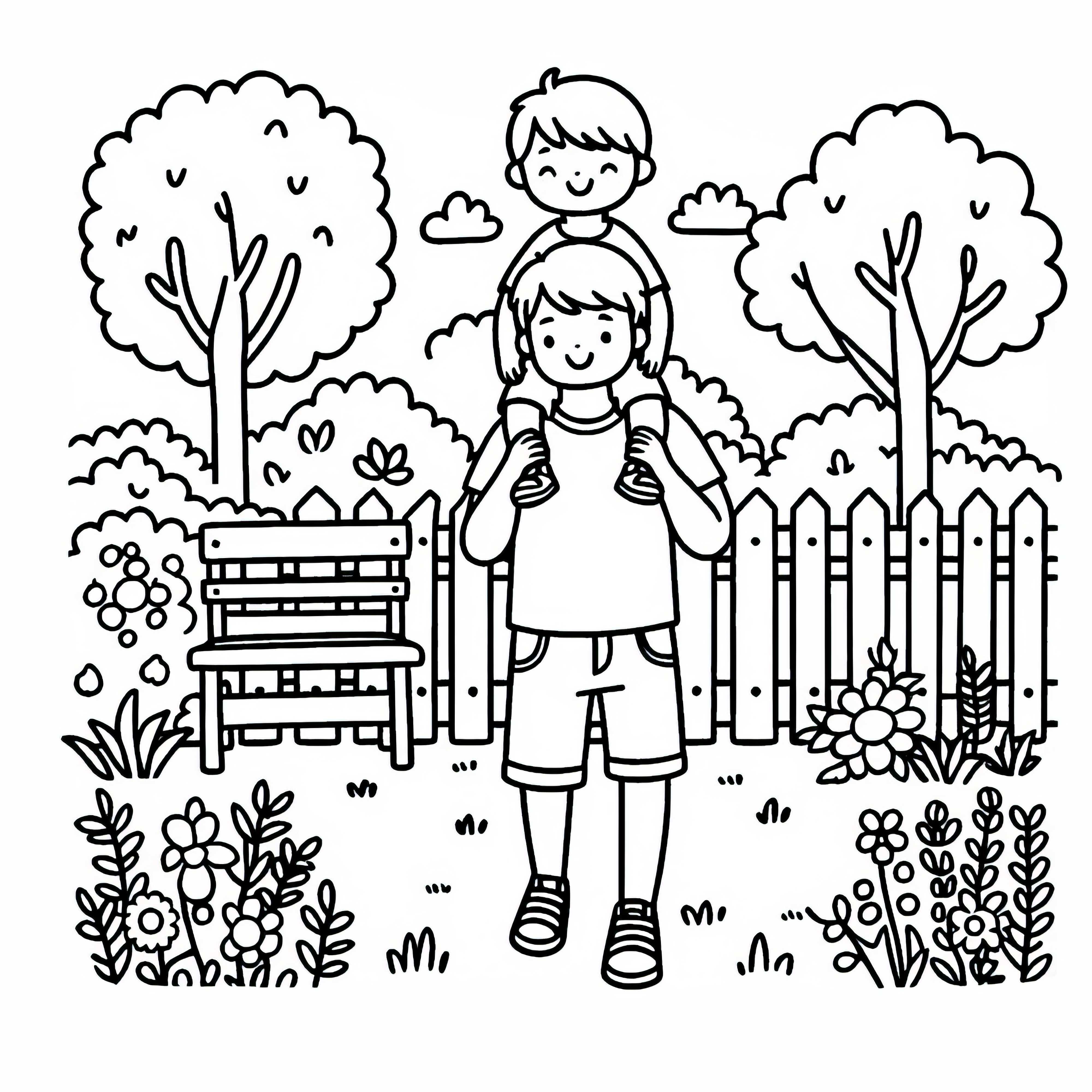 Çocuk, babasının omuzlarında bahçede taşınıyor - Ücretsiz boyama sayfası