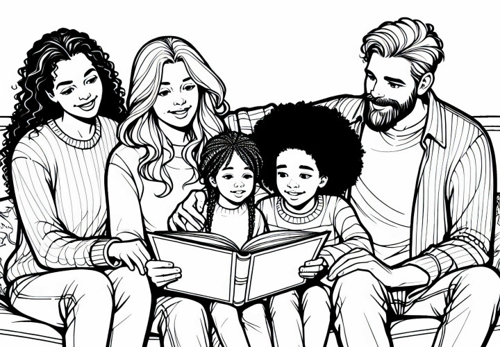 Aile birlikte kanepede bir kitap okuyor - Ücretsiz boyama sayfası