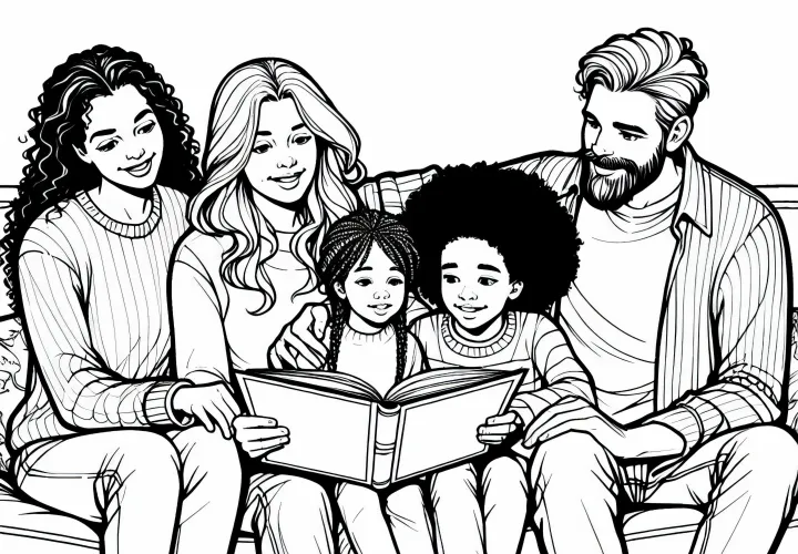 A család közösen olvas egy könyvet a kanapén – ingyenes színezőoldal
