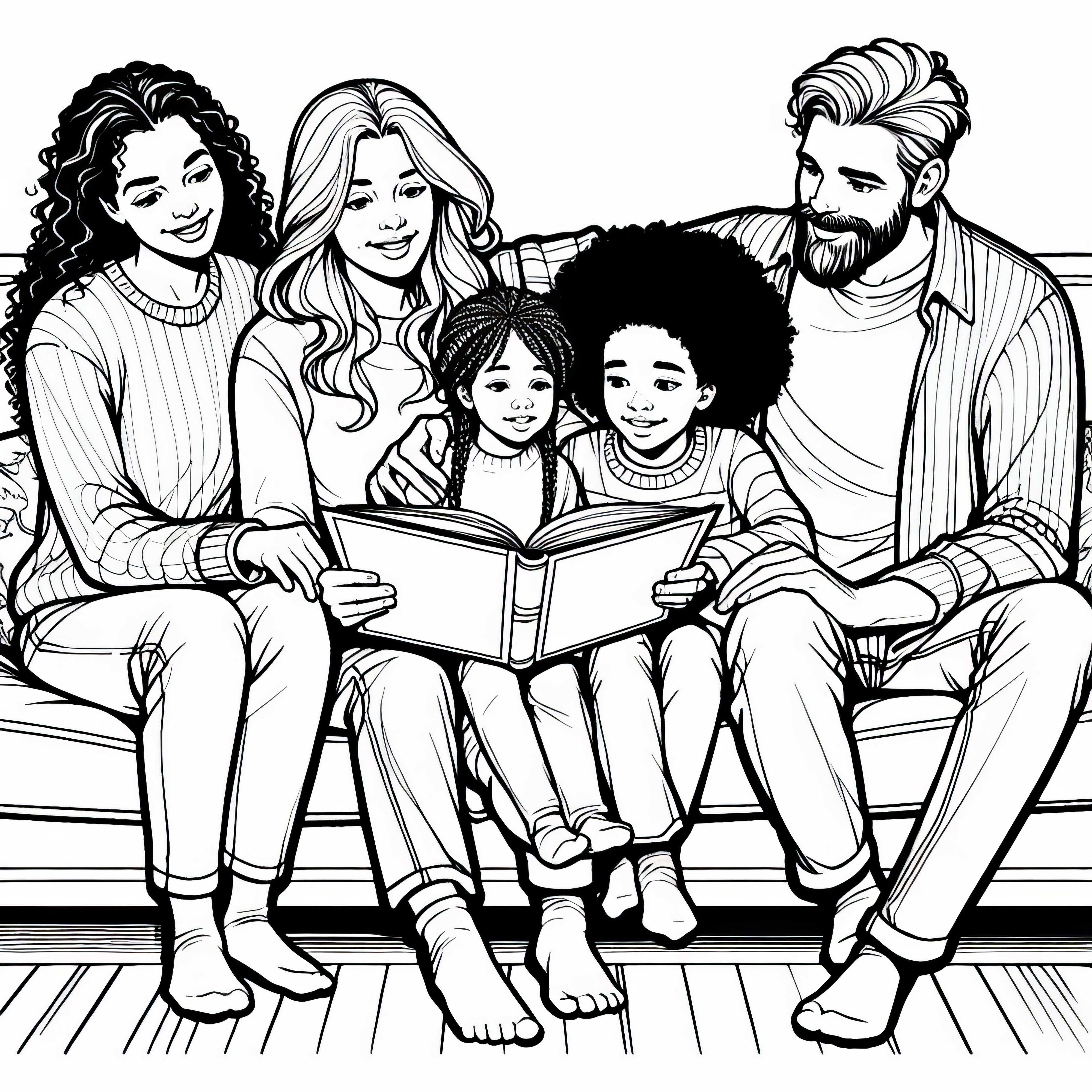 Aile birlikte kanepede bir kitap okuyor - Ücretsiz boyama sayfası