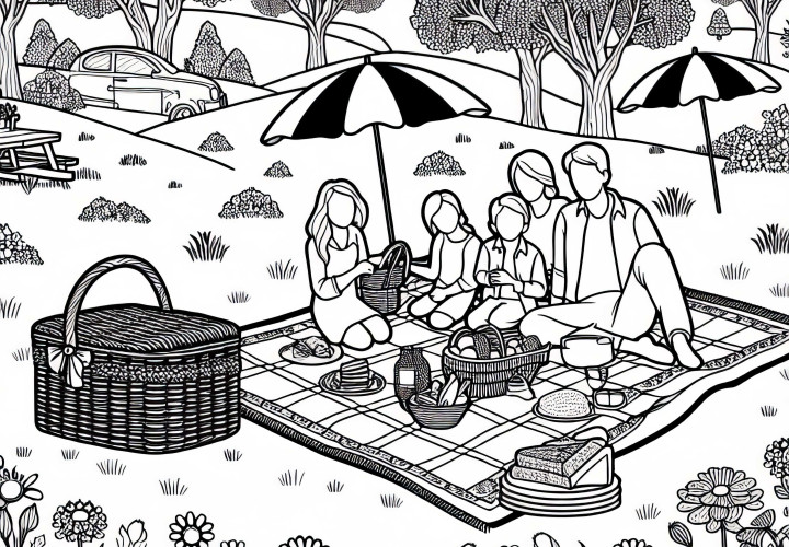 Aile piknik yapıyor parkta örtü ve sepetle - Ücretsiz boyama etkinliği