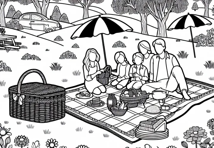 Család piknikezik a parkban takaróval és kosárral – Színező minta ingyenesen