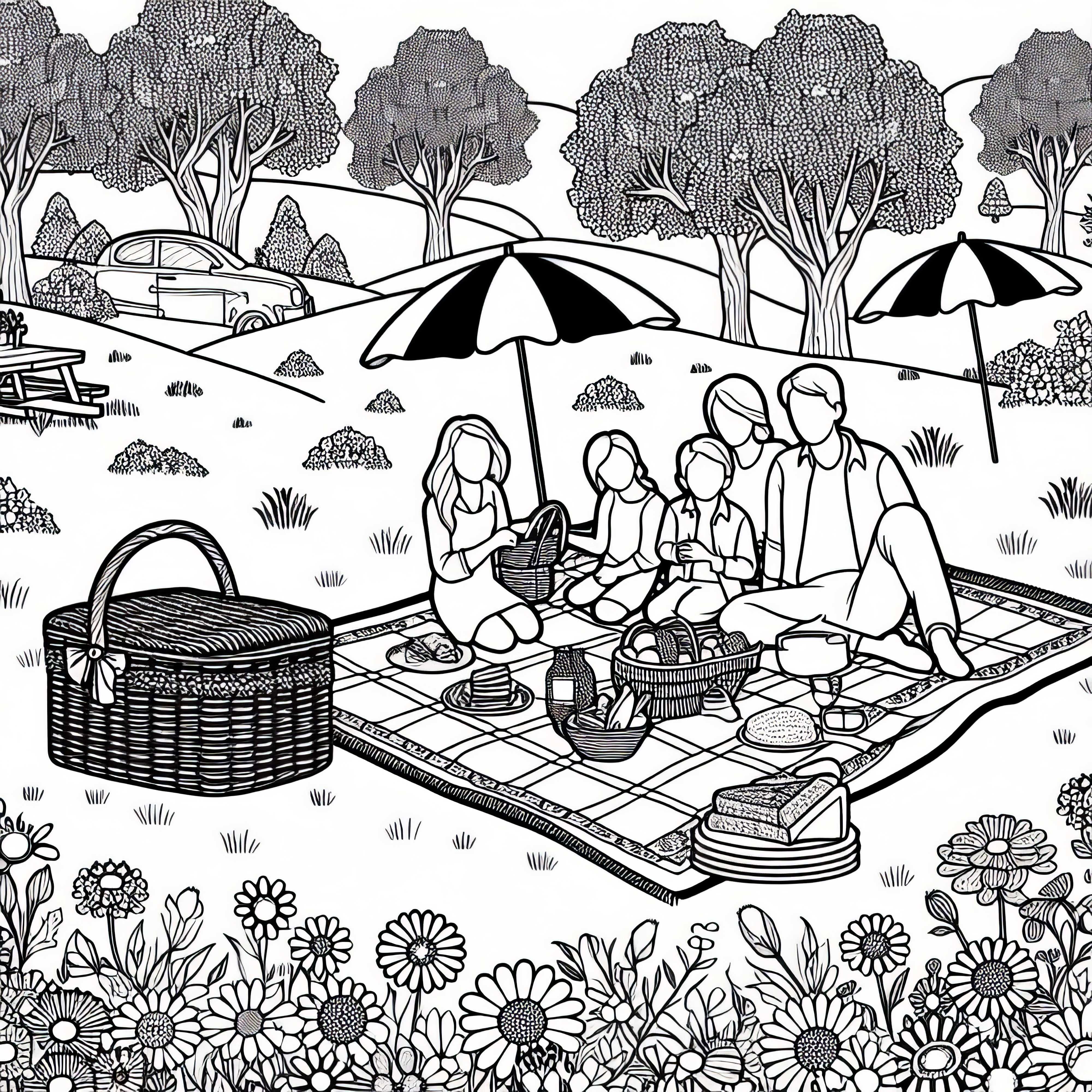 Aile piknik yapıyor parkta, örtü ve sepet ile - Ücretsiz boyama şablonu Aile parkta örtü ve sepetle piknik yapıyor - Ücretsiz boyama sayfası