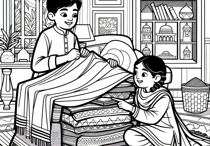 Testvérek takaróvárat építenek a nappaliban – Ingyenes színező kép