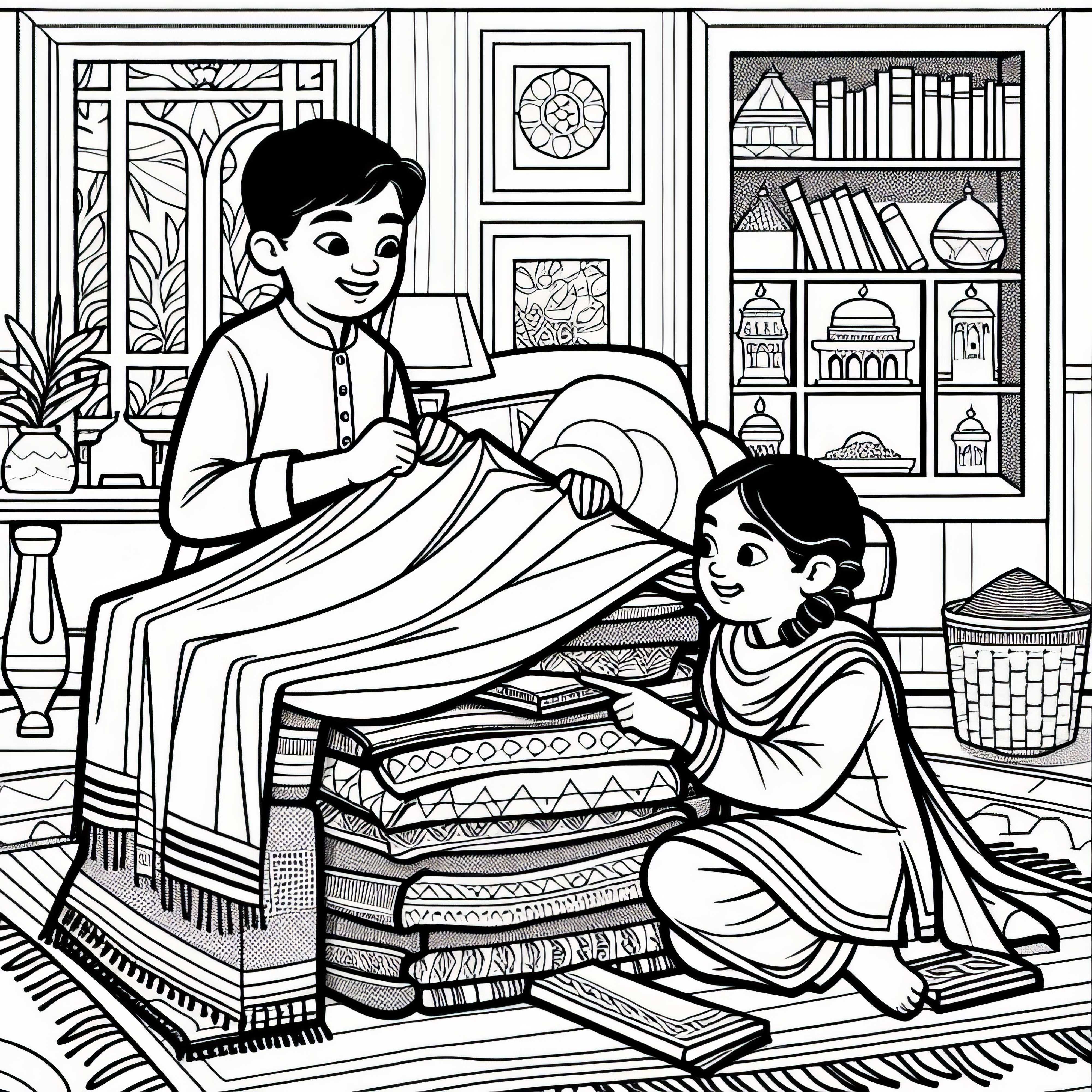 Kardeşler oturma odasında yastıkla kale yapıyor – Ücretsiz boyama sayfası