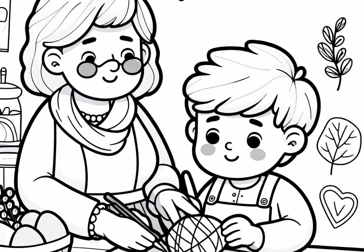 Çocuklar, büyükanneleriyle birlikte hediye için ücretsiz boyama şablonu hazırlıyor