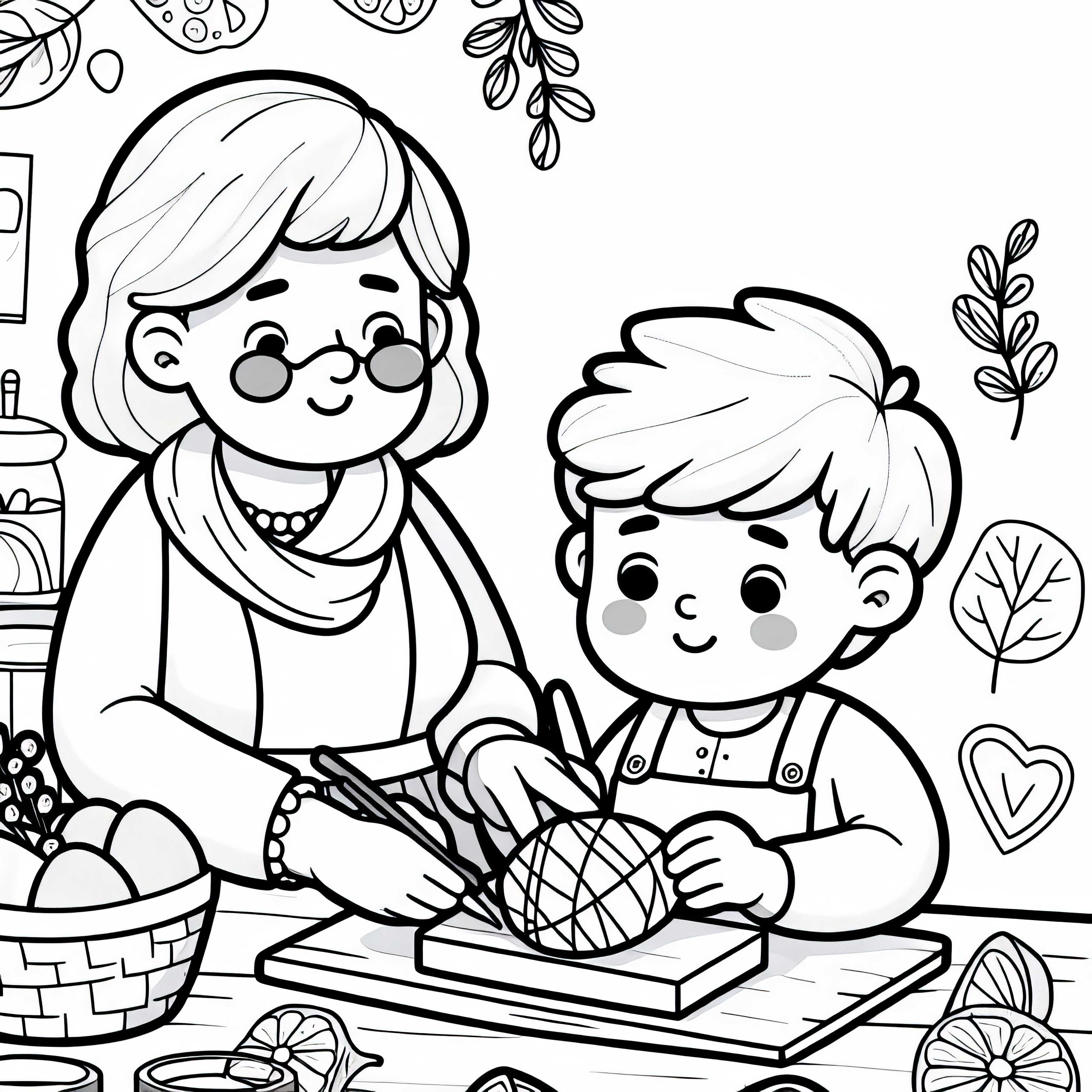 Çocuk, anneannesiyle birlikte el işi yapıyor - hediye boyama sayfası ücretsiz