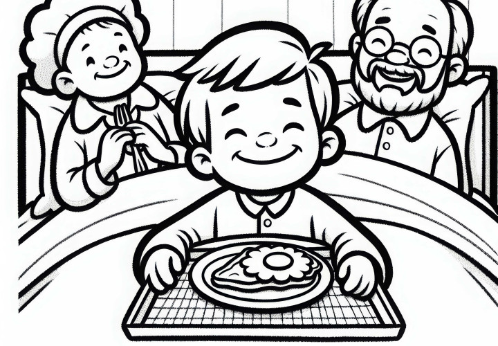 Çocuk ailenin kahvaltısını yatağa getiriyor - Ücretsiz boyama sayfası
