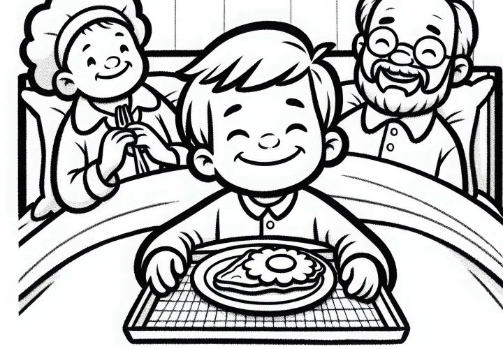 A gyerek reggelit visz a családnak az ágyba – Ingyenes színezőlap