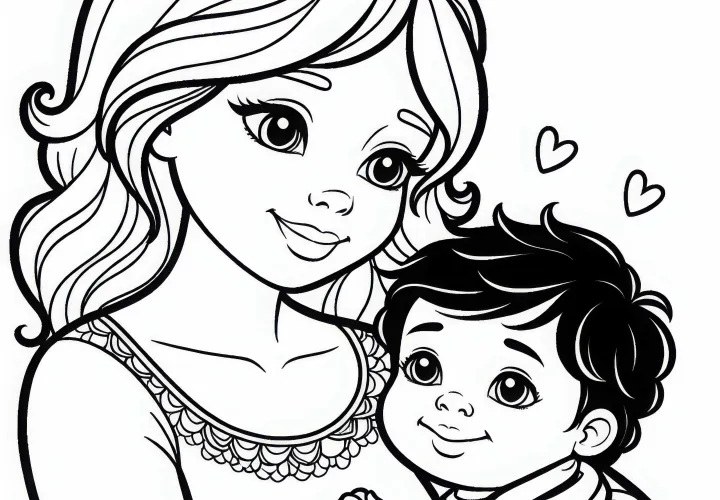 A gyereket az anya a karjaiba veszi - Ölelkezési idő színező kép ingyenesen