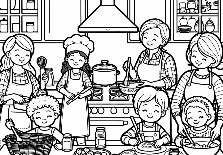 Gyerekek és szülők együtt sütnek a konyhában – Ingyenes színezőlap