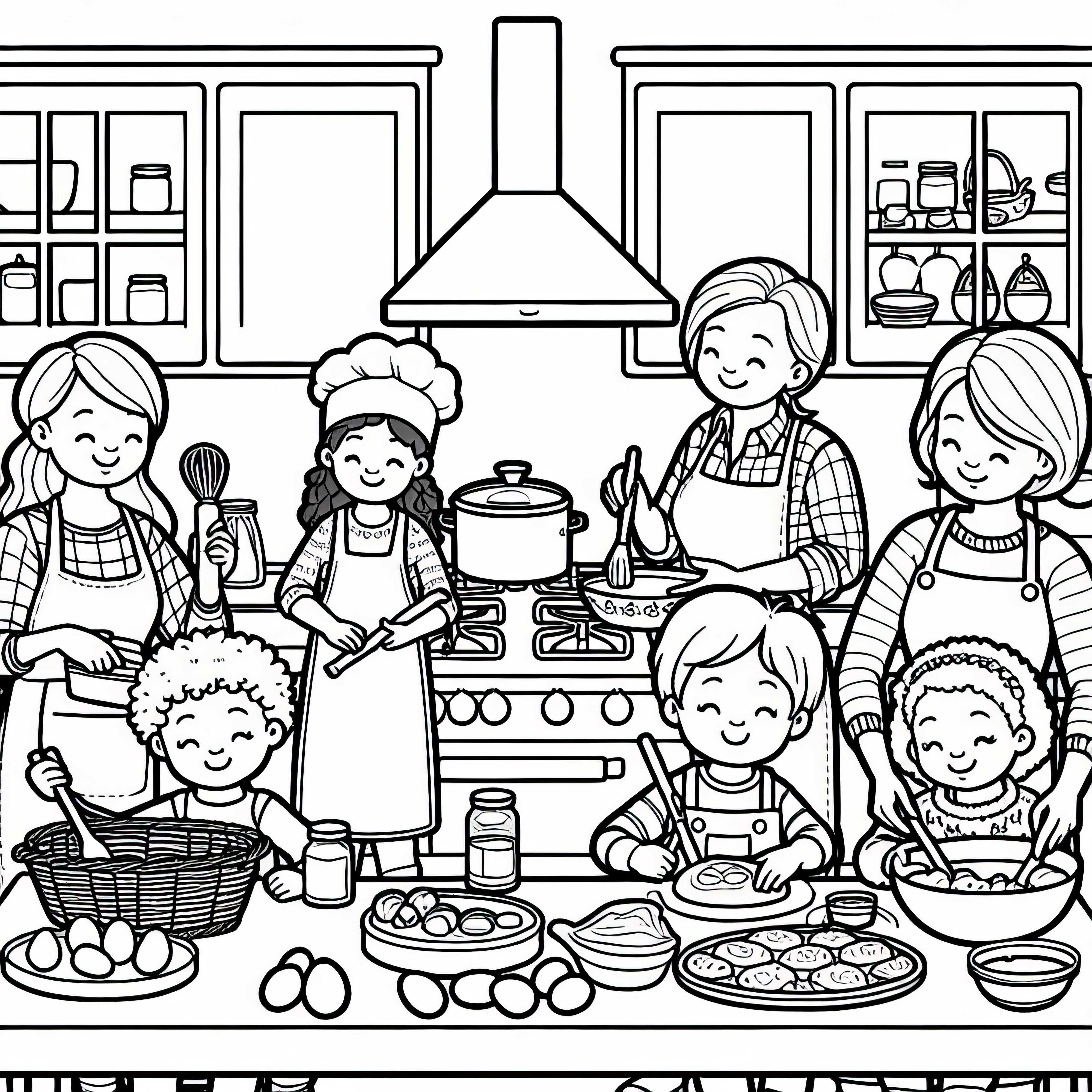 Çocuklar ve ebeveynler birlikte mutfakta pişiriyor - Ücretsiz boyama sayfası