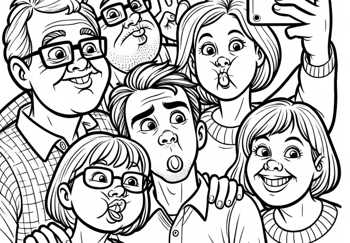 Az egész család együtt hülyéskedik a szelfi készítésekor – ingyenes színező kép