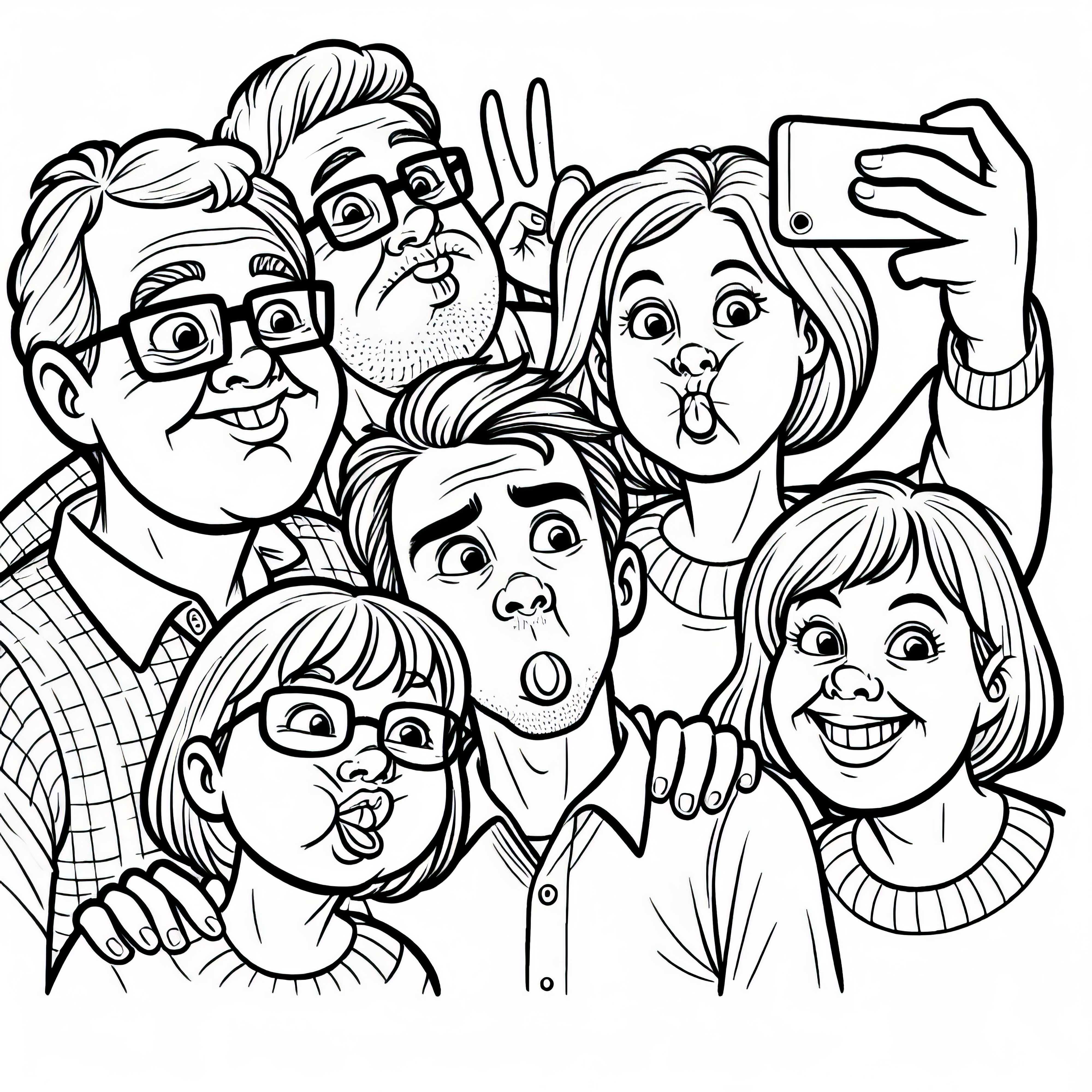 Tüm aile birlikte selfie çekerken eğlenceli anlar yaşıyor - Ücretsiz boyama kitabı