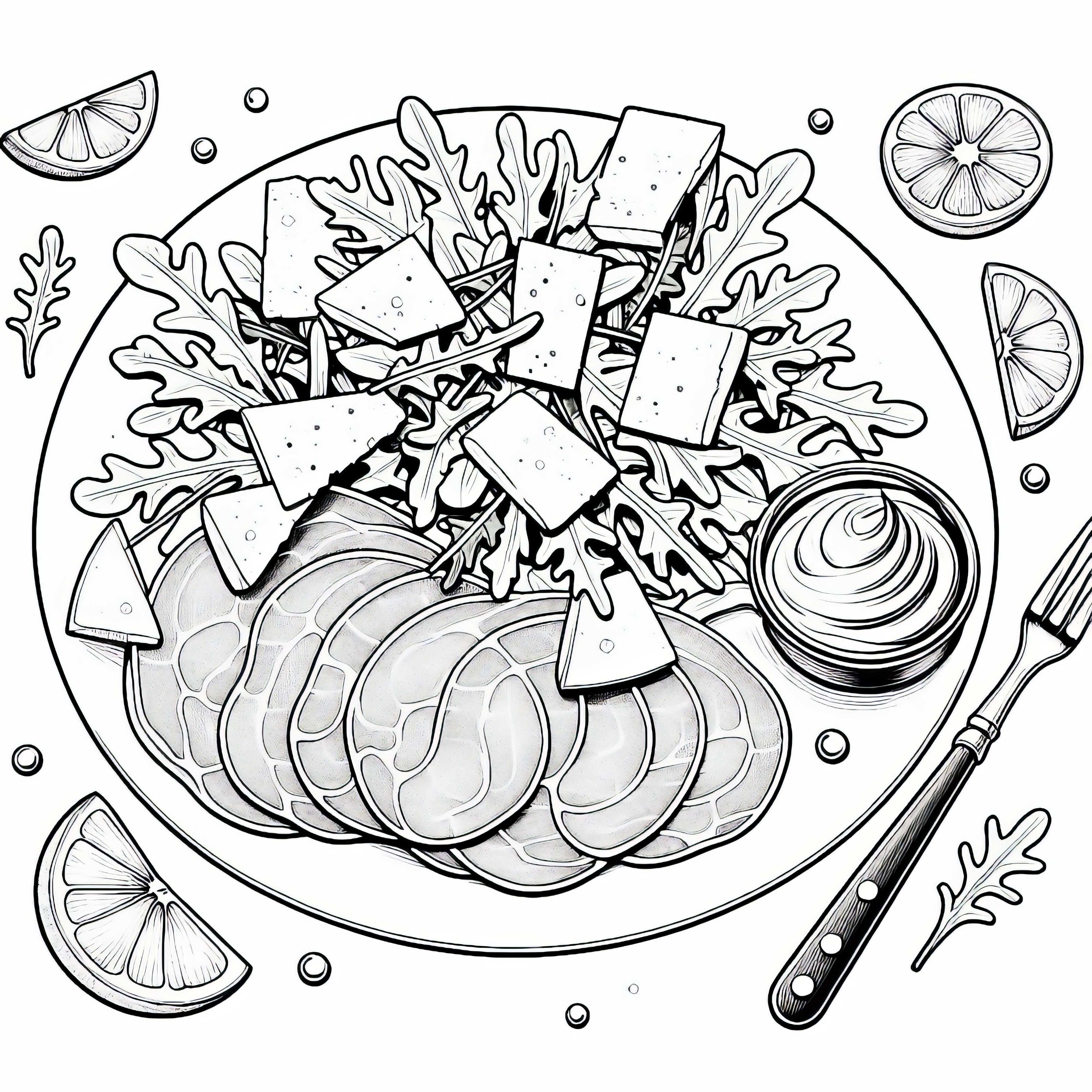 Раскраска с изображением вкусного карпаччо закуски бесплатно Раскраска вкусной закуски карпаччо бесплатно