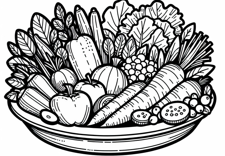 Бесплатный шаблон раскраски овощной тарелки закуски