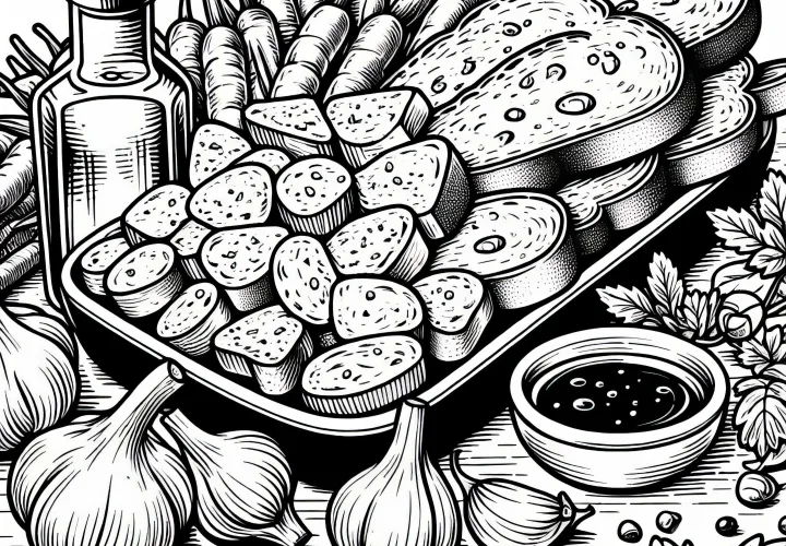 Чесночный хлеб в качестве гарнира к еде - раскраска бесплатно