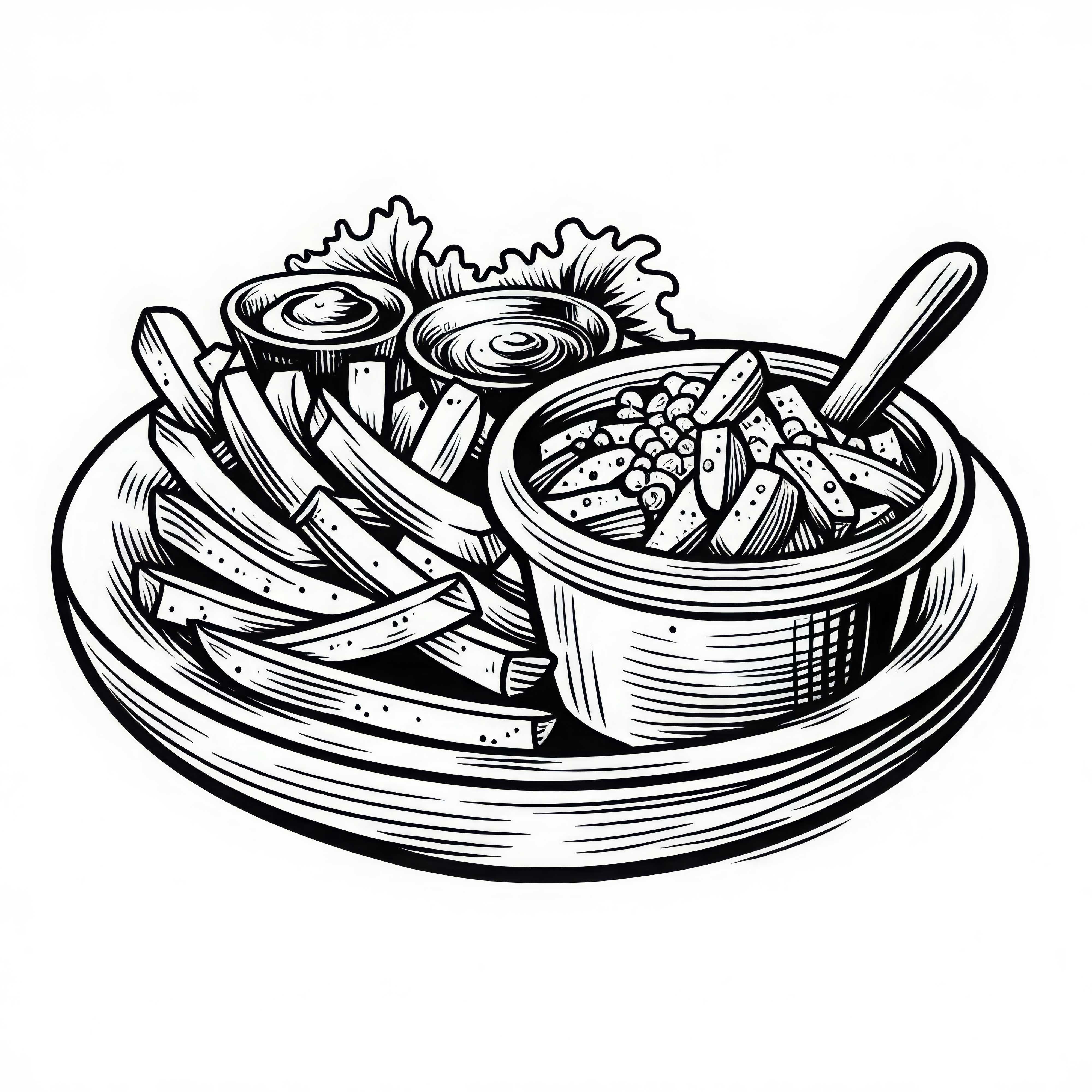 French fries as a side dish for meals – Free coloring page French fries as a side dish to a meal - free coloring page