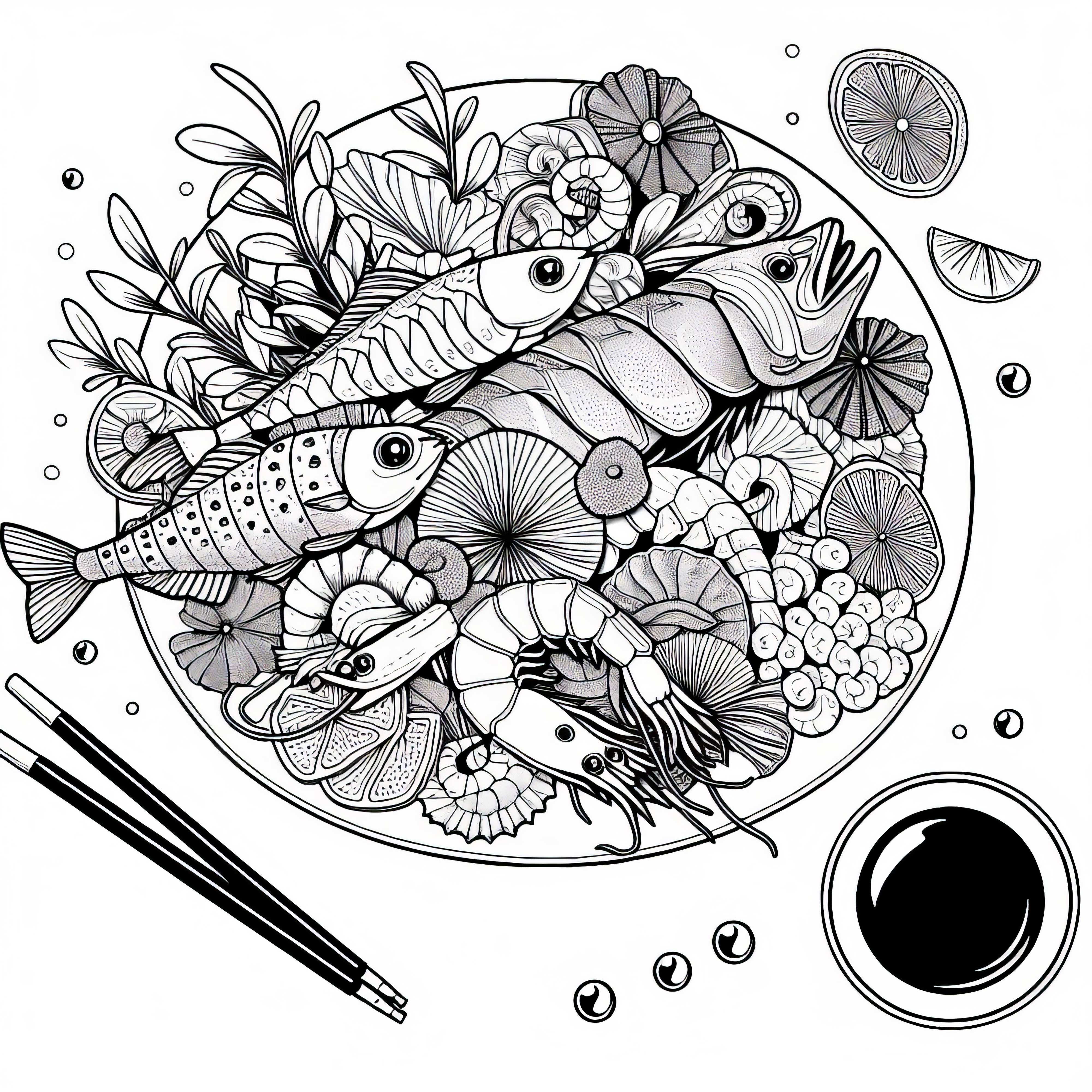 Fruits de mer en plat principal – Dessin à colorier gratuit Fruits de mer en plat principal – Image à colorier gratuite