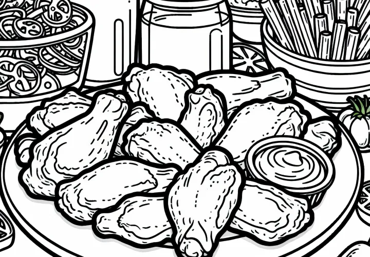 Куриные крылышки в качестве основного блюда – бесплатная раскраска