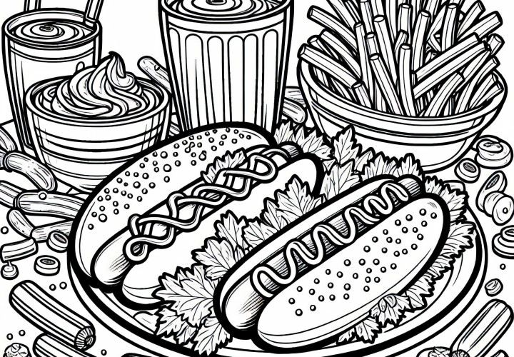 Coloriage gratuit de hot-dogs en plat principal