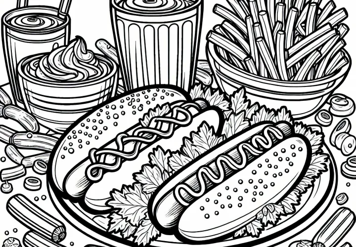 Хот-доги как основное блюдо. Бесплатная раскраска