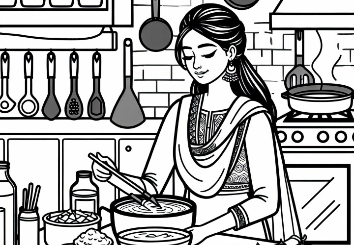 Повар готовит блюда в ресторанной кухне – бесплатная раскраска