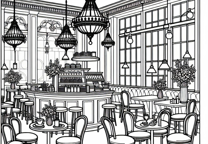 Раскраска ресторана изнутри - Бесплатное предложение для загрузки