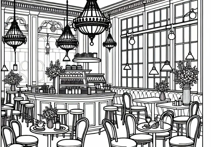 Раскраска ресторана изнутри - Бесплатное предложение для загрузки