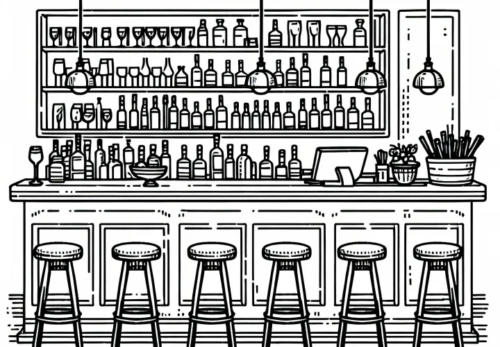 Бар в ресторане: Бесплатная раскраска