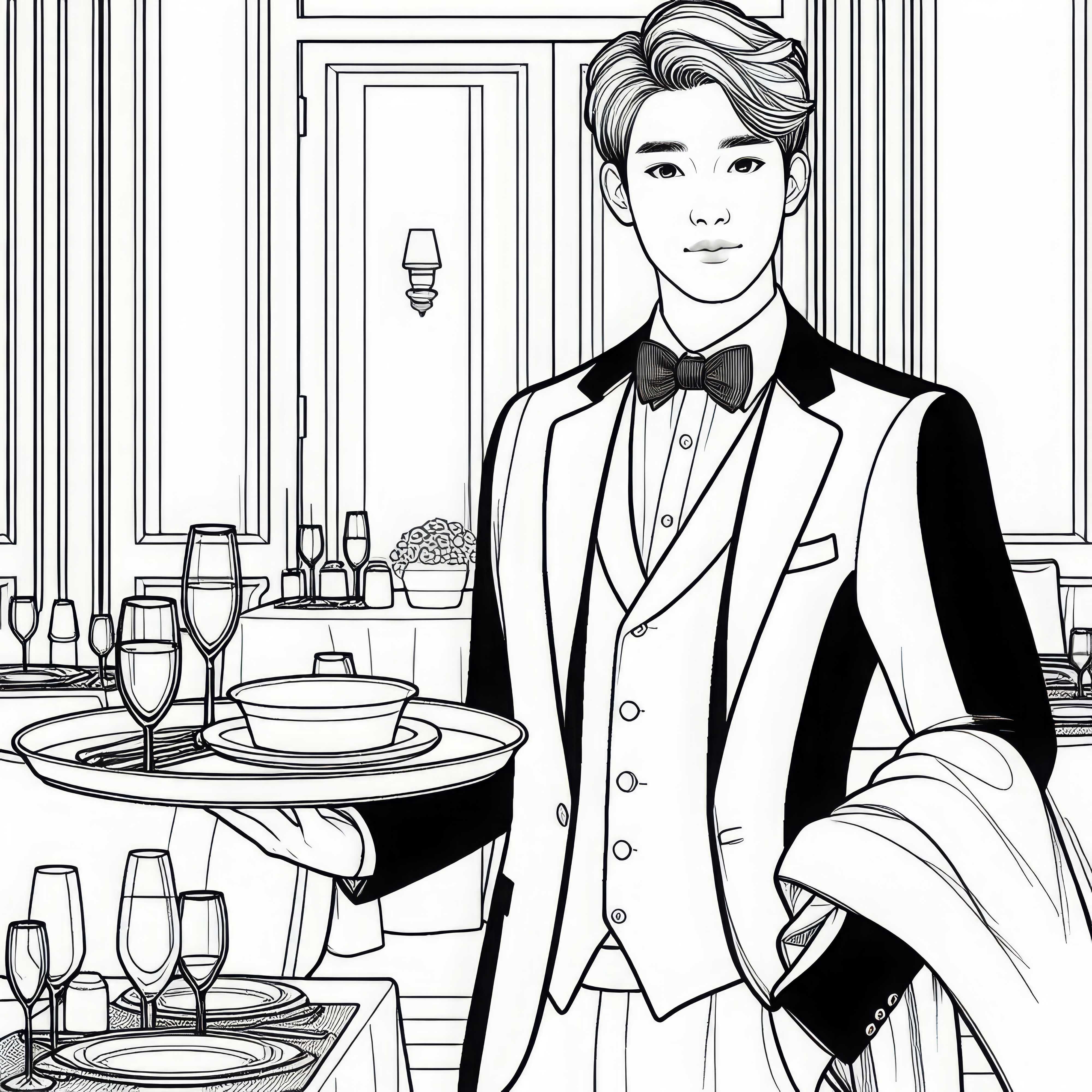 Раскраска с изображением официанта в шикарном ресторане Раскраска с изображением официанта в элегантном ресторане