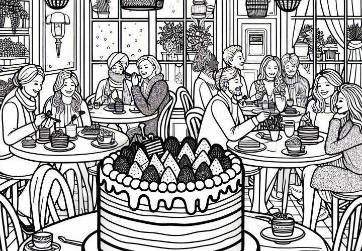 Гости наслаждаются тортом в кафе - бесплатная раскраска