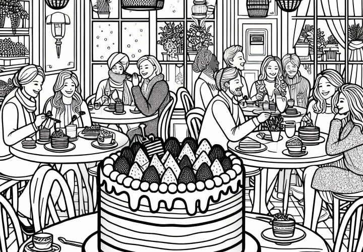Гости наслаждаются тортом в кафе - бесплатная раскраска