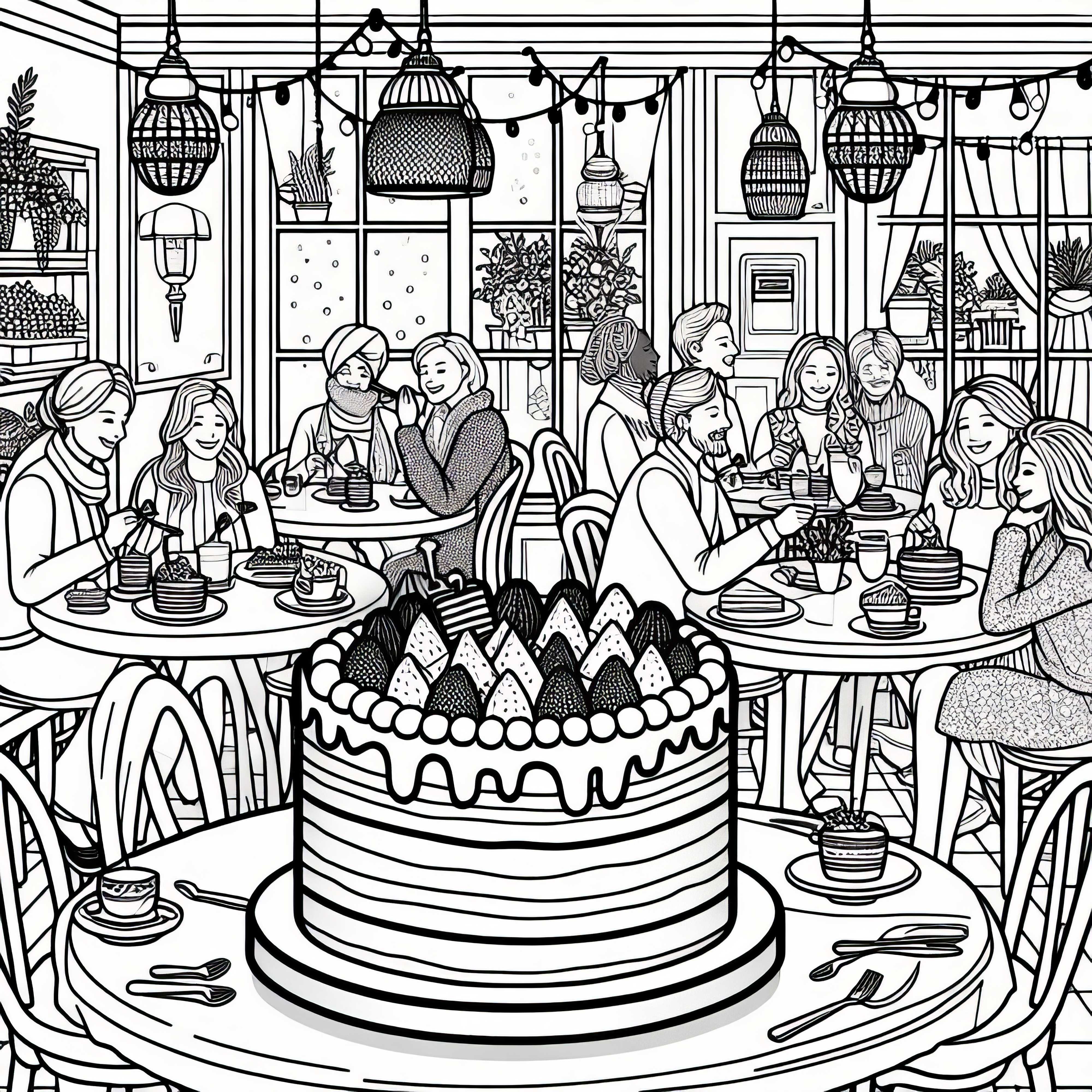 Гости наслаждаются пирогом в кафе - бесплатно раскраска