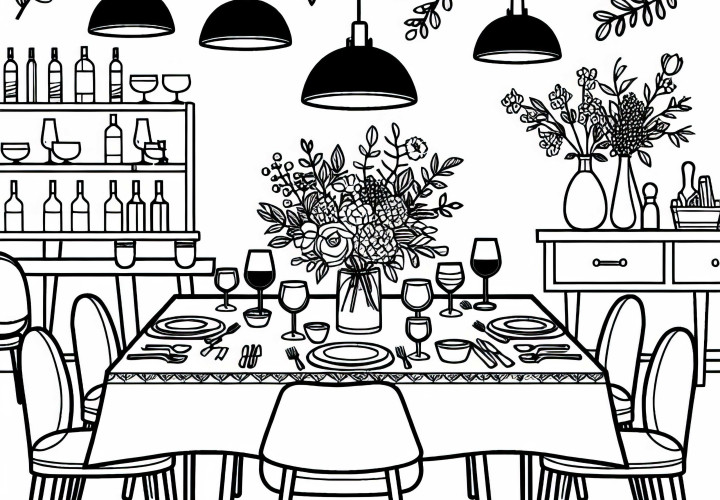 Сервированный стол в ресторане – бесплатная раскраска