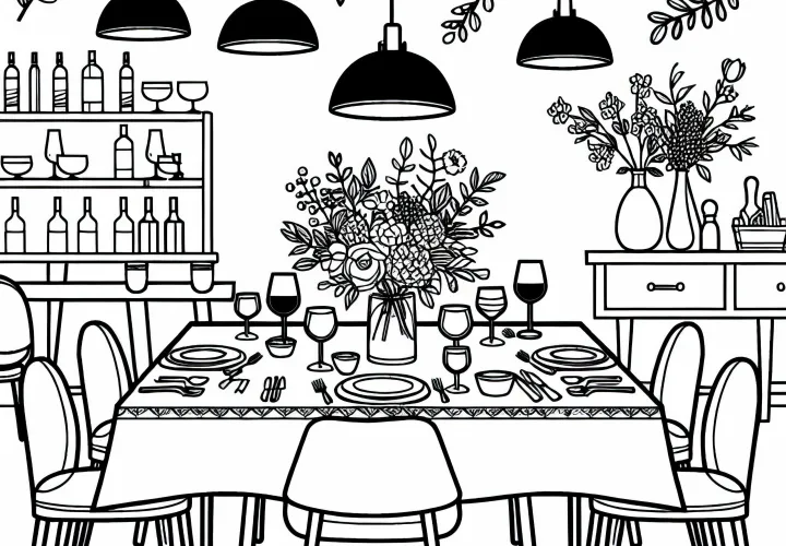 Сервированный стол в ресторане – бесплатная раскраска