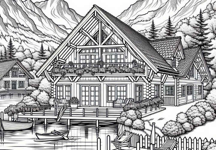Coloring page of a holiday home as a free coloring template