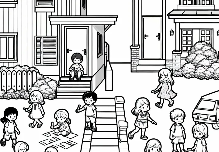 Дети перед жилым домом Раскраска Бесплатно