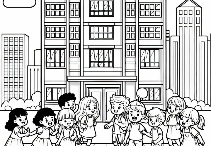 Children in front of a multi-family house coloring page free
