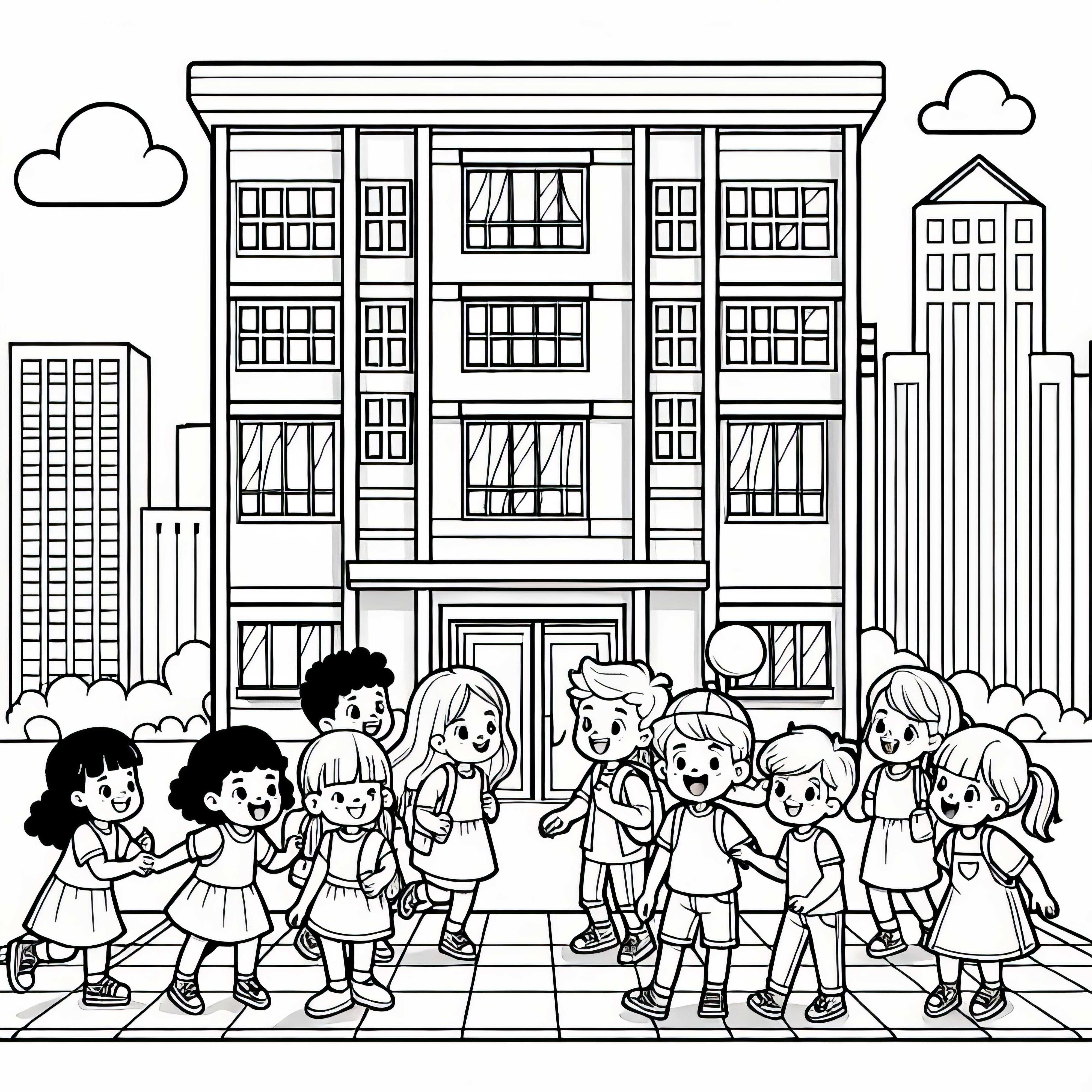 Children in front of a multi-family house coloring picture free of charge