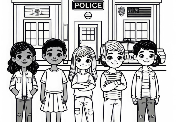 Desenho para colorir de crianças diante da delegacia de polícia grátis