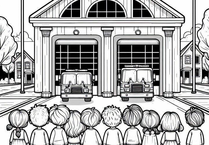 Desenho para colorir de crianças diante da estação dos bombeiros grátis